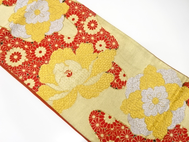 JAPANESE KIMONO / ANTIQUE FUKURO OBI / SILK / WOVEN PEONY & KIKU
